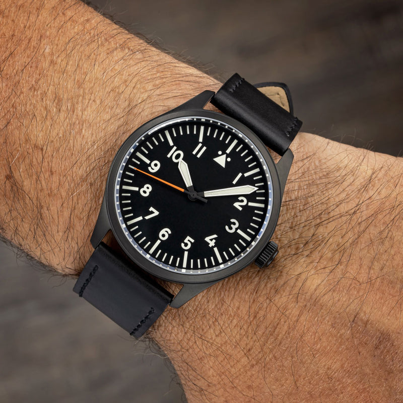 Islander Black DLC Aviator Automatic Watch with Leather Strap and an Anti-Reflective Sapphire Crystal #ISL-46