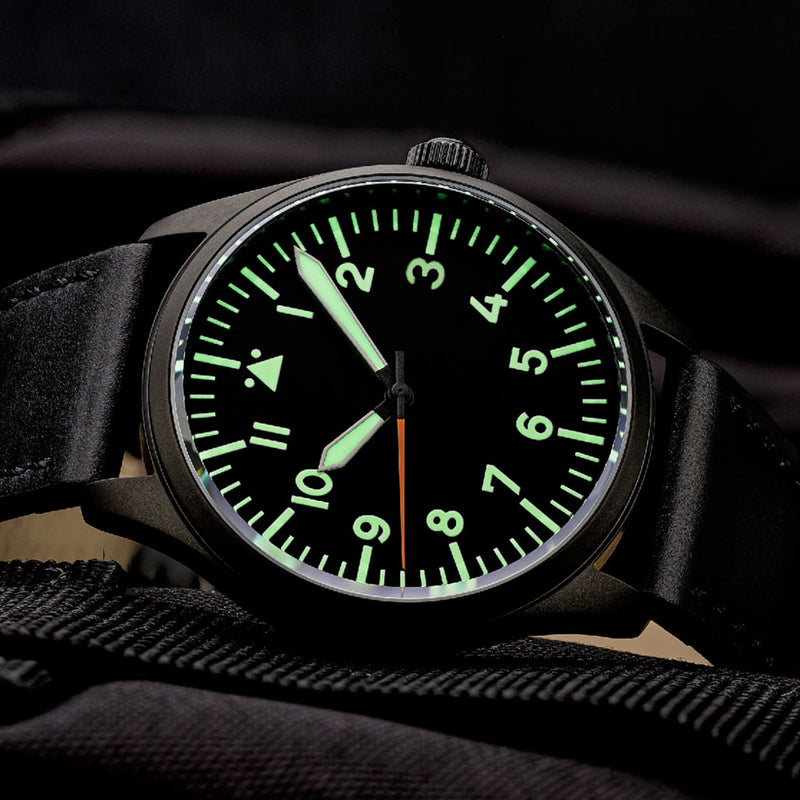 Islander Black DLC Aviator Automatic Watch with Leather Strap and an Anti-Reflective Sapphire Crystal #ISL-46