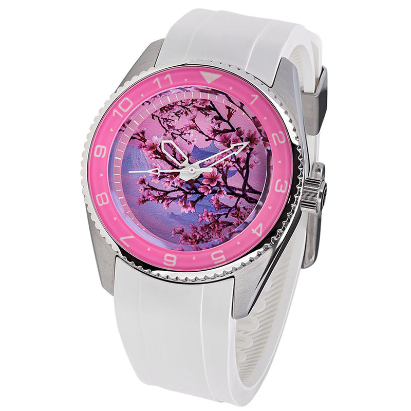 Islander 38mm Automatic Cherry Blossom Watch with White Rubber Strap, AR Sapphire Crystal, and Sapphire Bezel Insert #ISL-93