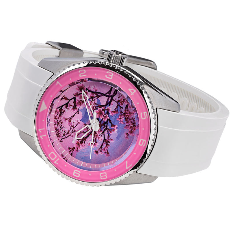Islander 38mm Automatic Cherry Blossom Watch with White Rubber Strap, AR Sapphire Crystal, and Sapphire Bezel Insert #ISL-93