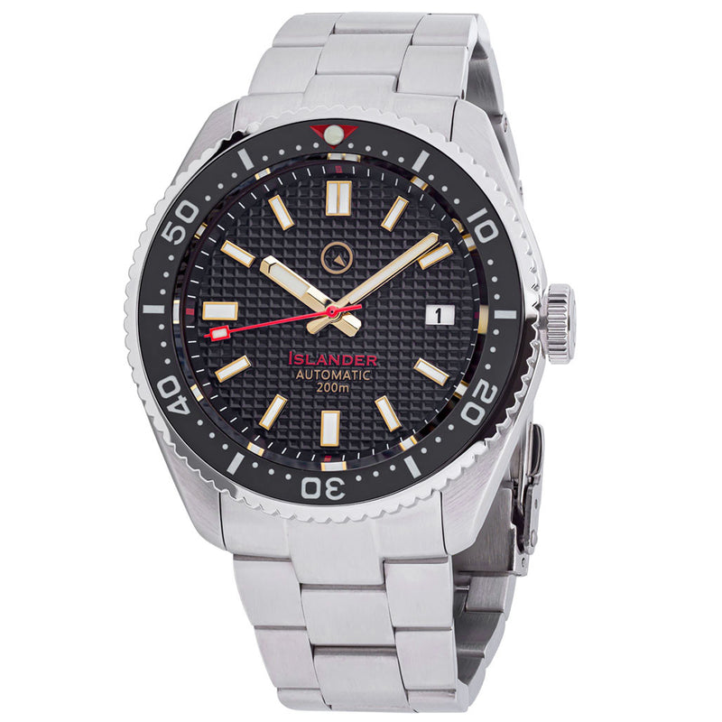 Islander Black Waffle Dial Automatic Dive Watch with Flat AR Sapphire Crystal, Luminous Ceramic Bezel Insert #ISL-88