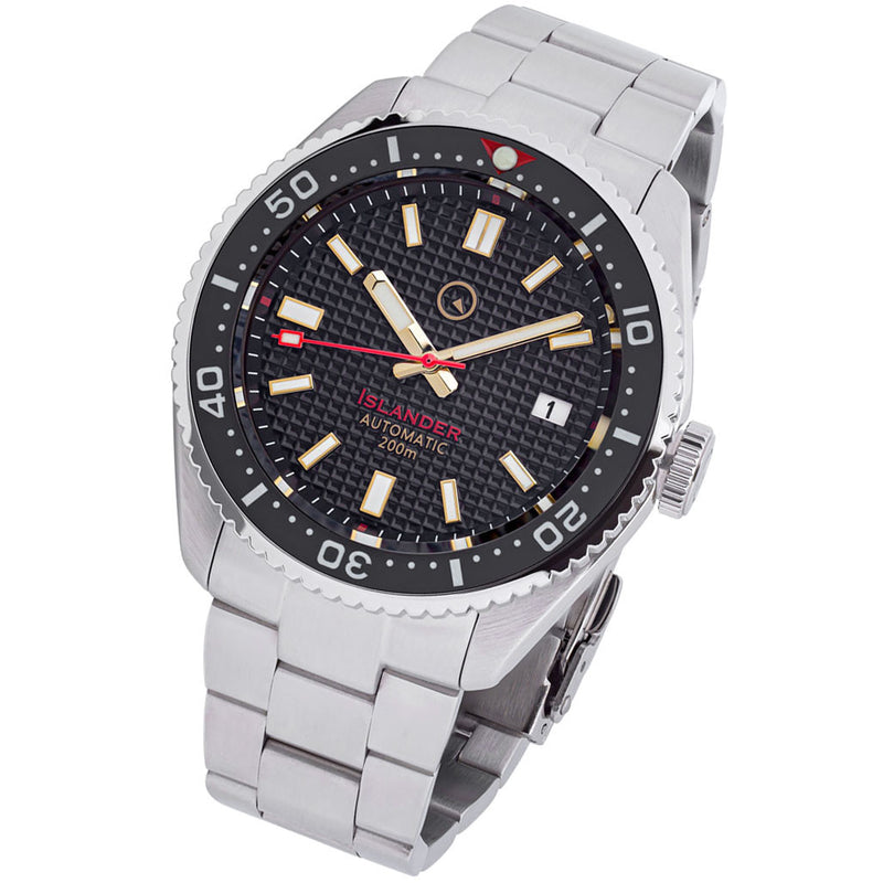 Islander Black Waffle Dial Automatic Dive Watch with Flat AR Sapphire Crystal, Luminous Ceramic Bezel Insert #ISL-88