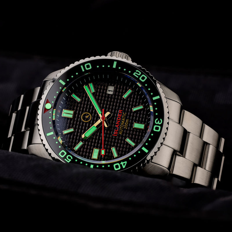 Islander Black Waffle Dial Automatic Dive Watch with Flat AR Sapphire Crystal, Luminous Ceramic Bezel Insert #ISL-88