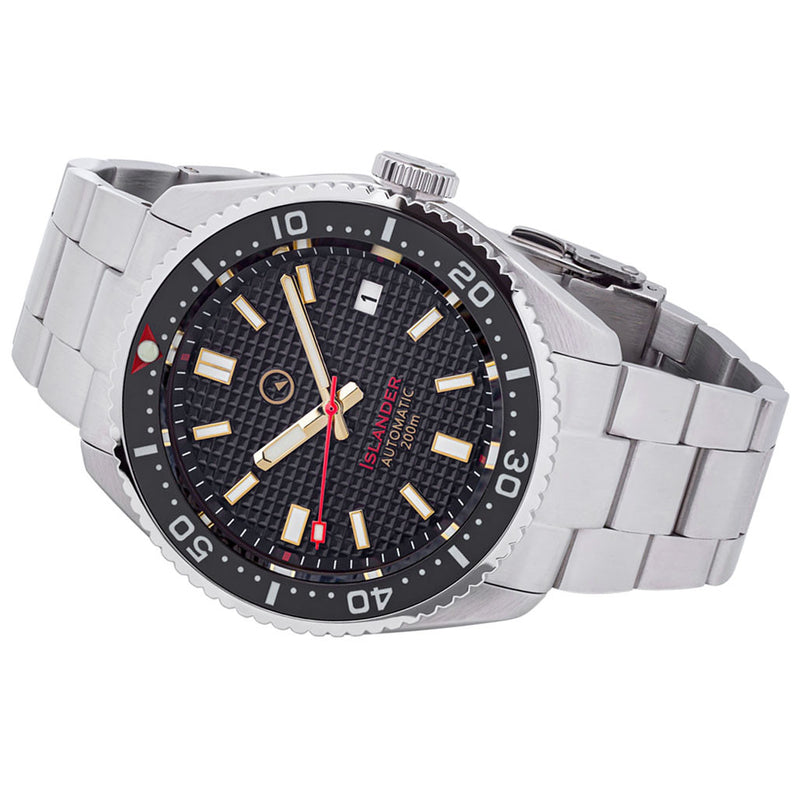 Islander Black Waffle Dial Automatic Dive Watch with Flat AR Sapphire Crystal, Luminous Ceramic Bezel Insert #ISL-88