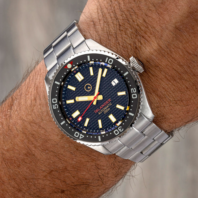 Islander Black Waffle Dial Automatic Dive Watch with Flat AR Sapphire Crystal, Luminous Ceramic Bezel Insert #ISL-88