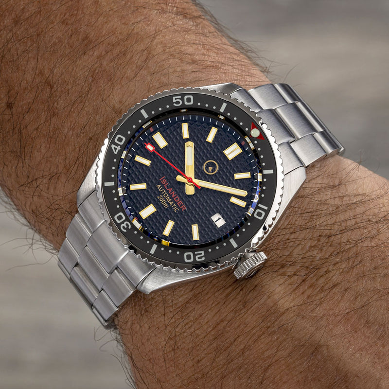 Islander Black Waffle Dial Automatic Dive Watch with Flat AR Sapphire Crystal, Luminous Ceramic Bezel Insert #ISL-88