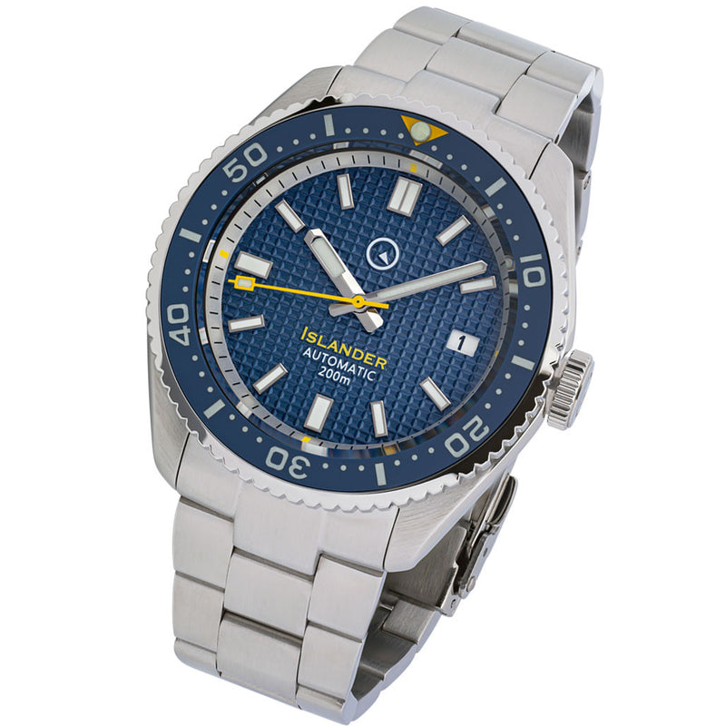 Islander Blue Waffle Dial Automatic Dive Watch with Flat AR Sapphire Crystal, Luminous Ceramic Bezel Insert #ISL-89
