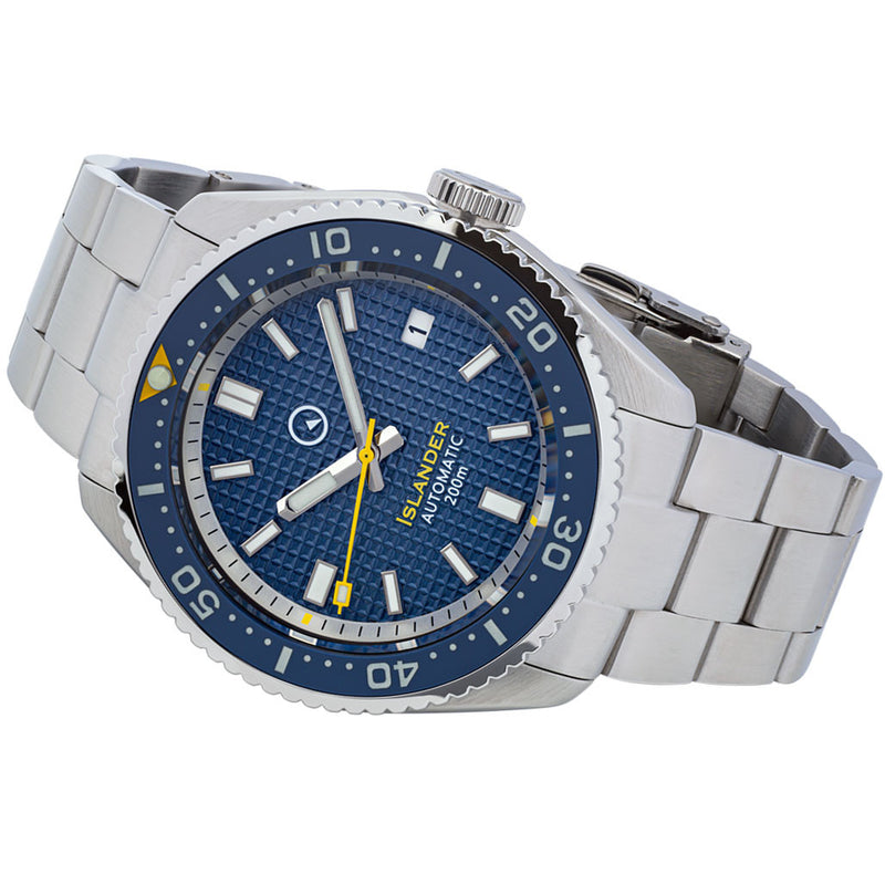 Islander Blue Waffle Dial Automatic Dive Watch with Flat AR Sapphire Crystal, Luminous Ceramic Bezel Insert #ISL-89