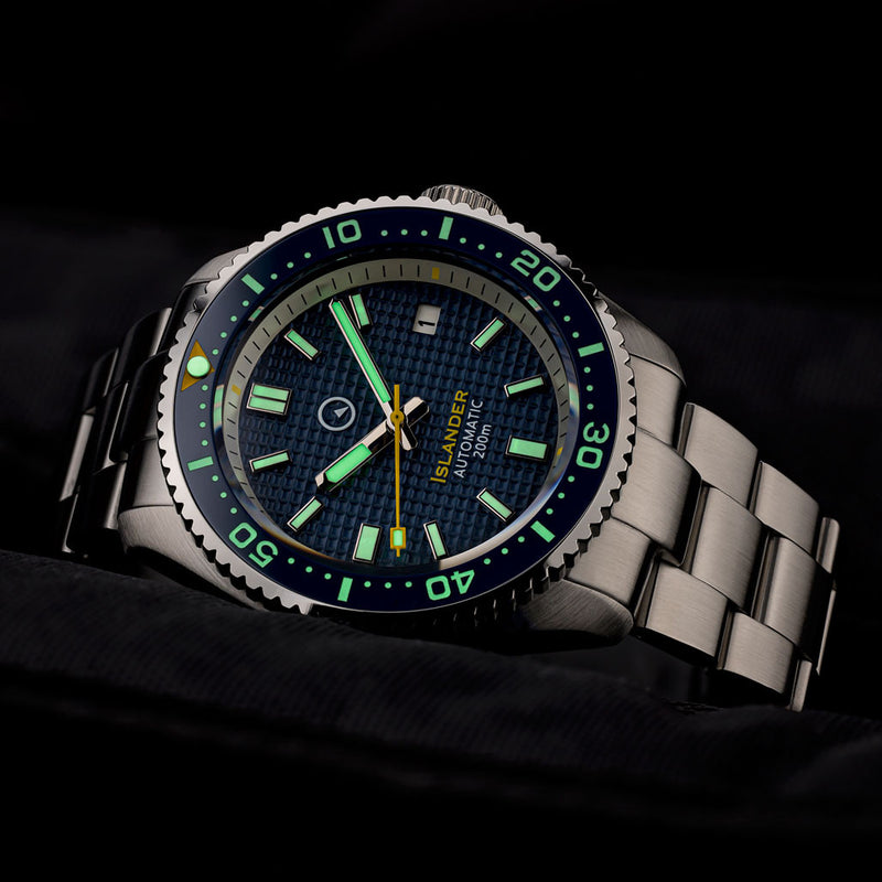 Islander Blue Waffle Dial Automatic Dive Watch with Flat AR Sapphire Crystal, Luminous Ceramic Bezel Insert #ISL-89