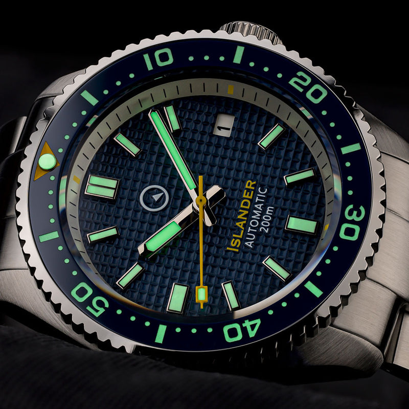 Islander Blue Waffle Dial Automatic Dive Watch with Flat AR Sapphire Crystal, Luminous Ceramic Bezel Insert #ISL-89