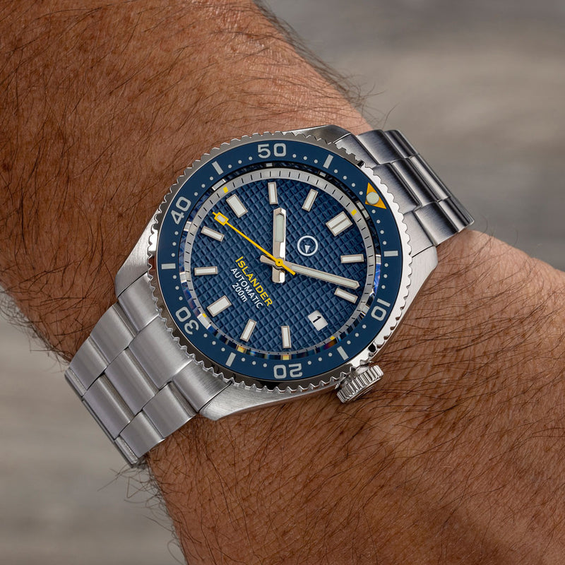 Islander Blue Waffle Dial Automatic Dive Watch with Flat AR Sapphire Crystal, Luminous Ceramic Bezel Insert #ISL-89