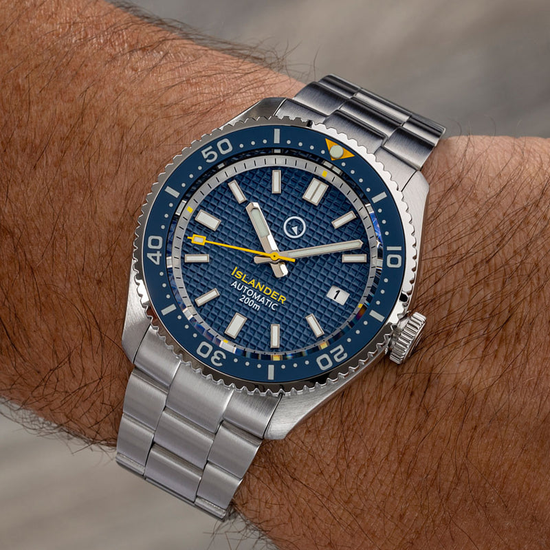 Islander Blue Waffle Dial Automatic Dive Watch with Flat AR Sapphire Crystal, Luminous Ceramic Bezel Insert #ISL-89