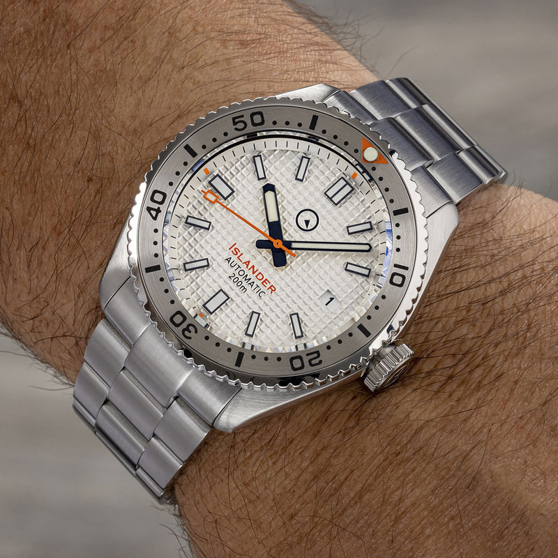 Islander White Waffle Dial Automatic Dive Watch with Flat AR Sapphire Crystal, 120-click Bezel #ISL-90