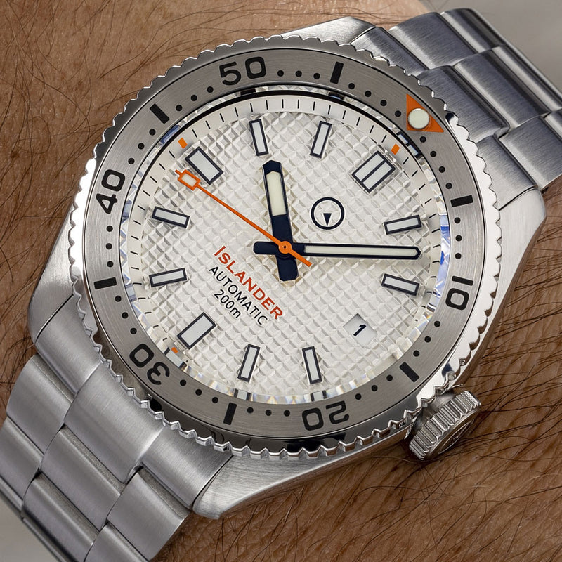 Islander White Waffle Dial Automatic Dive Watch with Flat AR Sapphire Crystal, 120-click Bezel #ISL-90
