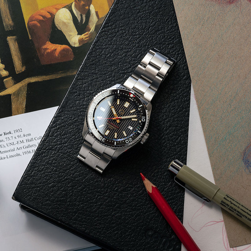 Islander Black Waffle Dial Automatic Dive Watch with Flat AR Sapphire Crystal, Luminous Ceramic Bezel Insert #ISL-88