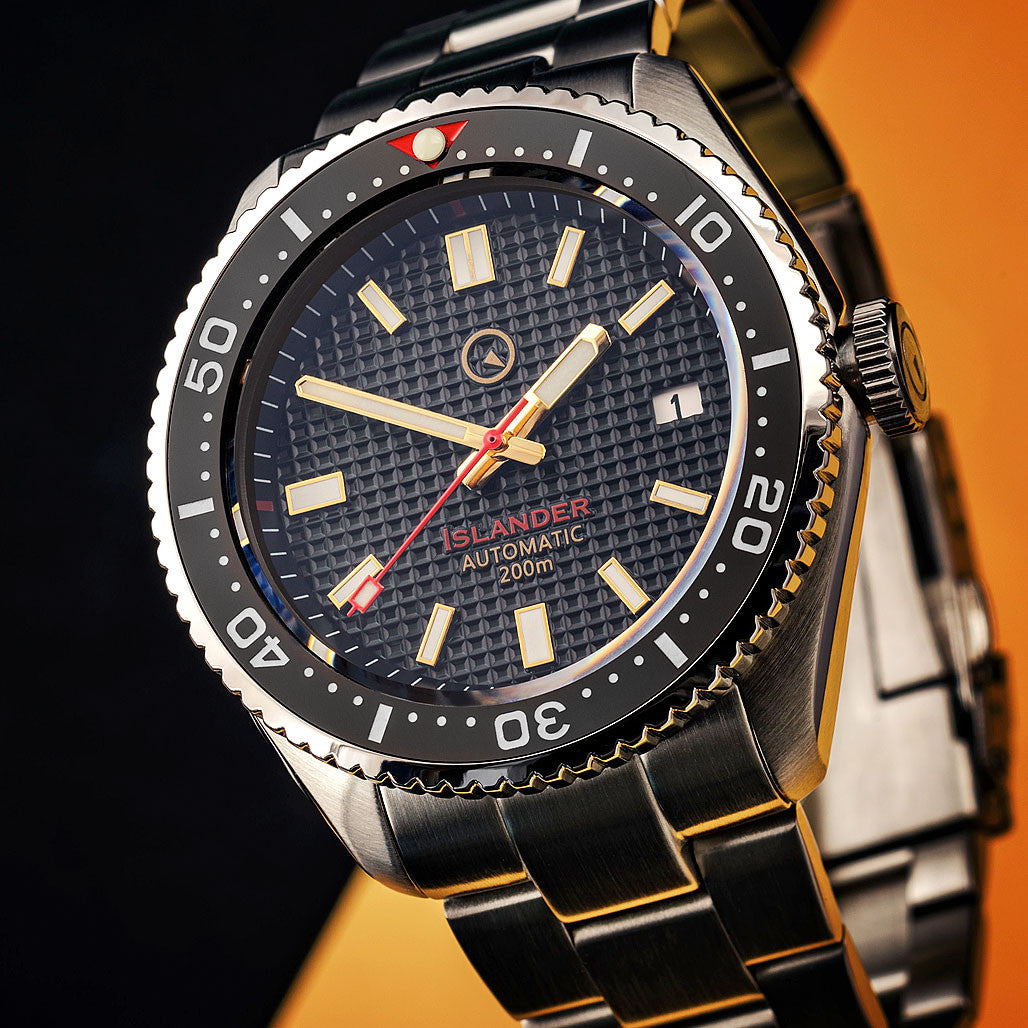 Islander Black Waffle Dial Automatic Dive Watch with Flat AR