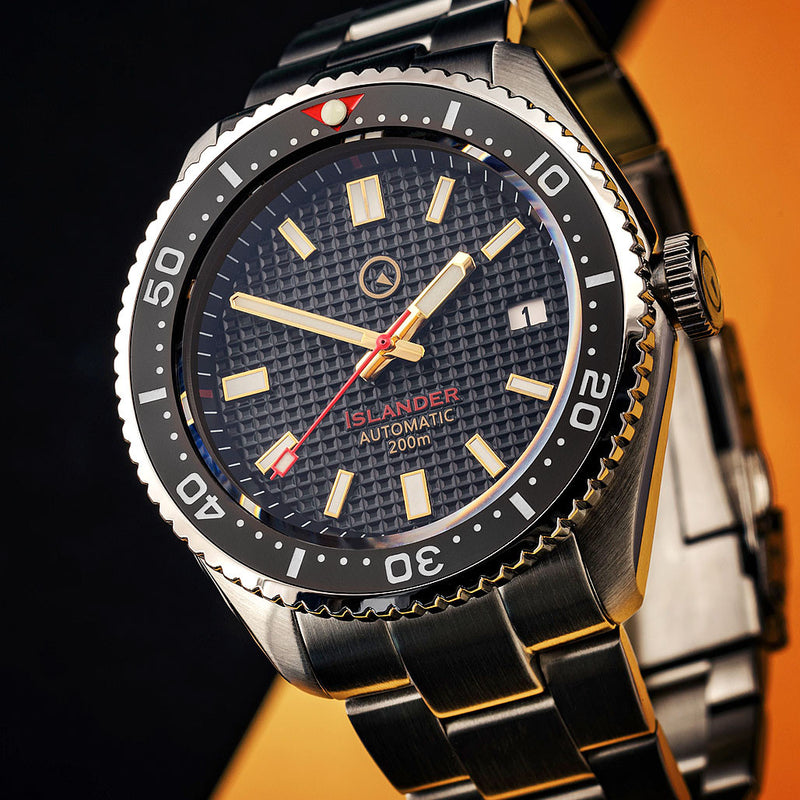 Islander Black Waffle Dial Automatic Dive Watch with Flat AR Sapphire Crystal, Luminous Ceramic Bezel Insert #ISL-88