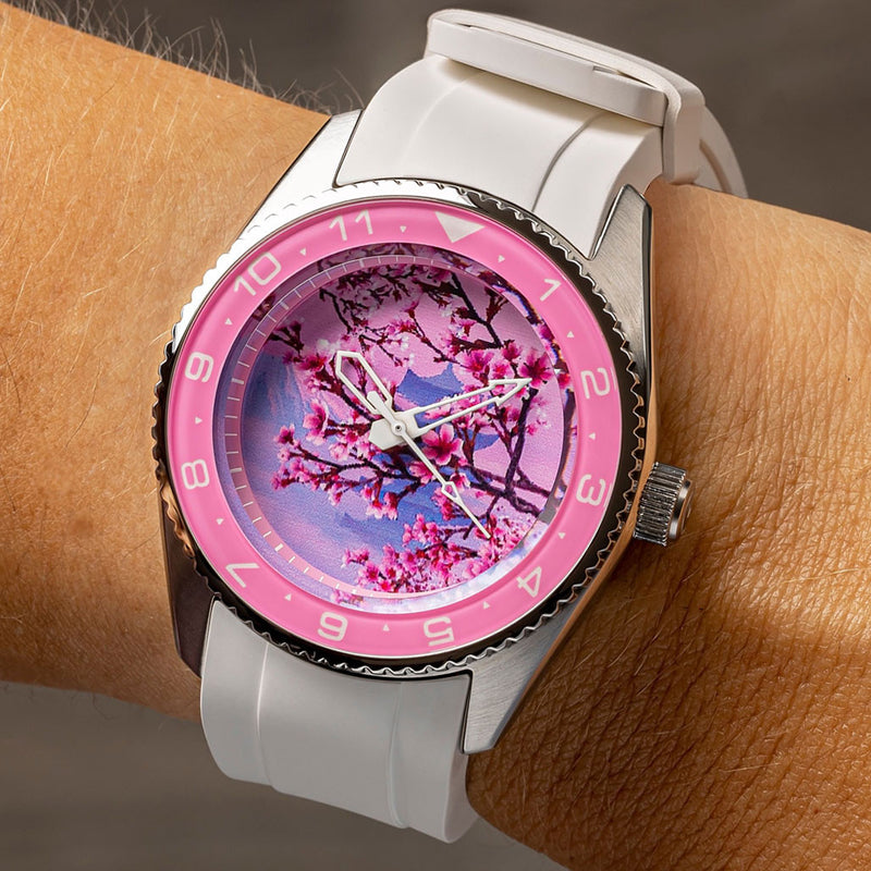 Islander 38mm Automatic Cherry Blossom Watch with White Rubber Strap, AR Sapphire Crystal, and Sapphire Bezel Insert #ISL-93
