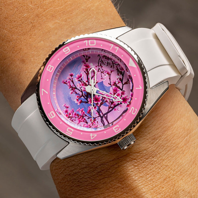 Islander 38mm Automatic Cherry Blossom Watch with White Rubber Strap, AR Sapphire Crystal, and Sapphire Bezel Insert #ISL-93
