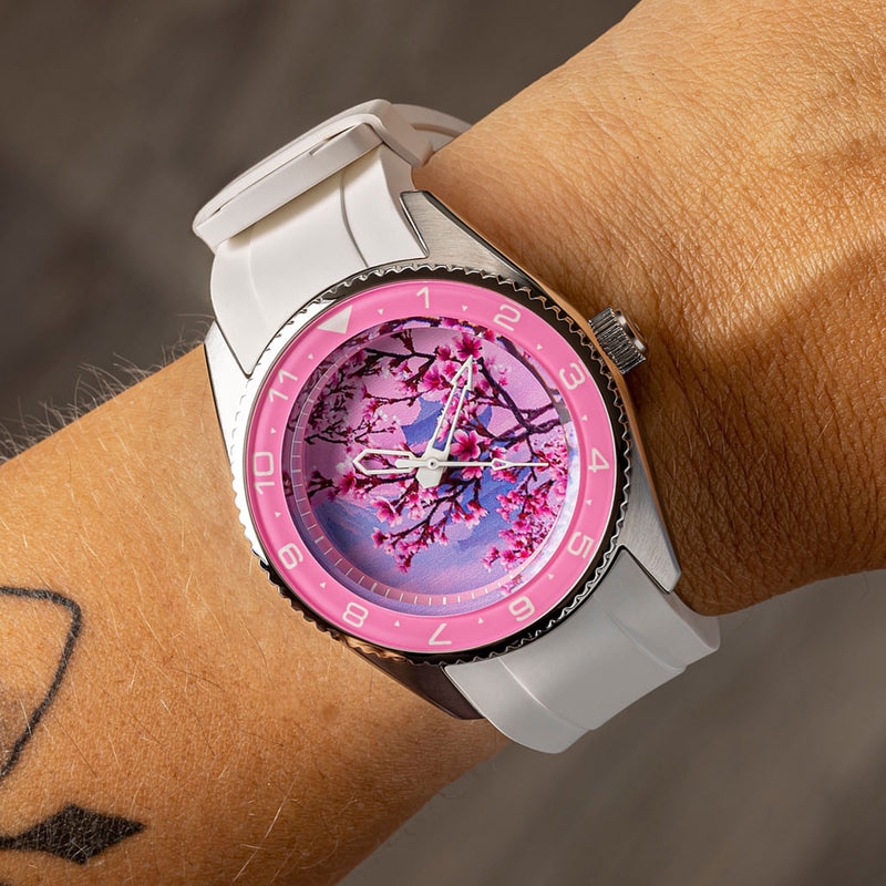 Islander 38mm Automatic Cherry Blossom Watch with White Rubber Strap, AR Sapphire Crystal, and Sapphire Bezel Insert #ISL-93