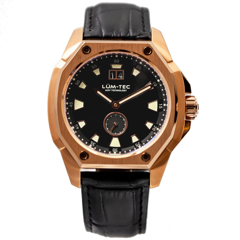 Lum-Tec 44mm Goldtone Watch with Black Dial, Big-Date, and Anti-Reflective Sapphire Crystal #V-14
