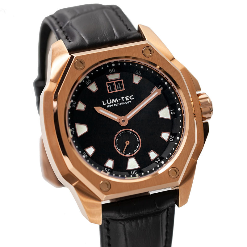 Lum-Tec 44mm Goldtone Watch with Black Dial, Big-Date, and Anti-Reflective Sapphire Crystal #V-14
