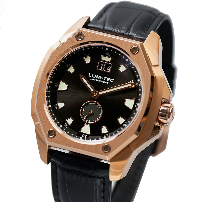 Lum-Tec 44mm Goldtone Watch with Black Dial, Big-Date, and Anti-Reflective Sapphire Crystal #V-14