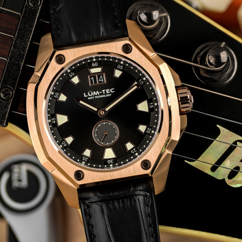 Lum-Tec 44mm Goldtone Watch with Black Dial, Big-Date, and Anti-Reflective Sapphire Crystal #V-14