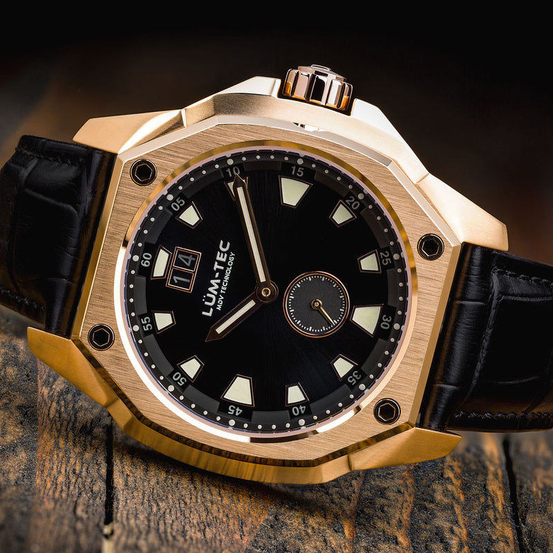 Lum-Tec 44mm Goldtone Watch with Black Dial, Big-Date, and Anti-Reflective Sapphire Crystal #V-14