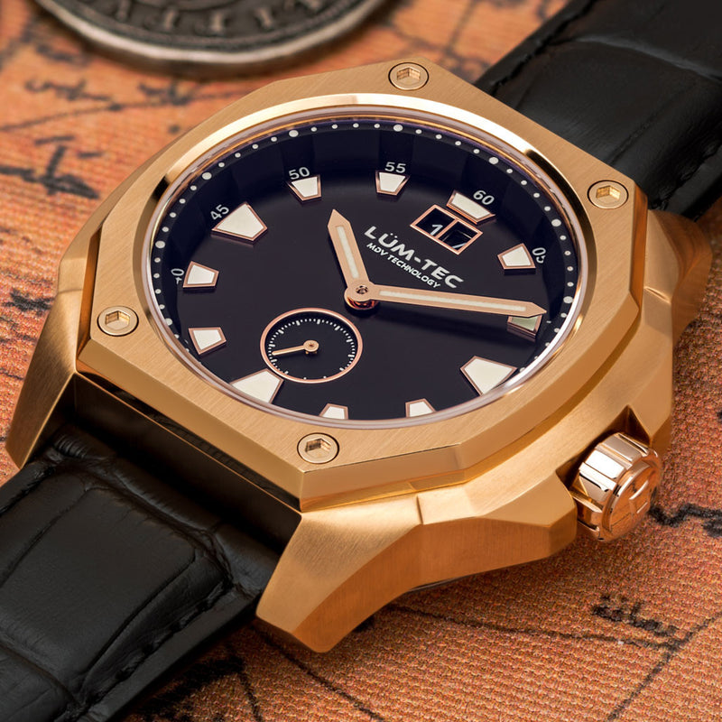 Lum-Tec 44mm Goldtone Watch with Black Dial, Big-Date, and Anti-Reflective Sapphire Crystal #V-14