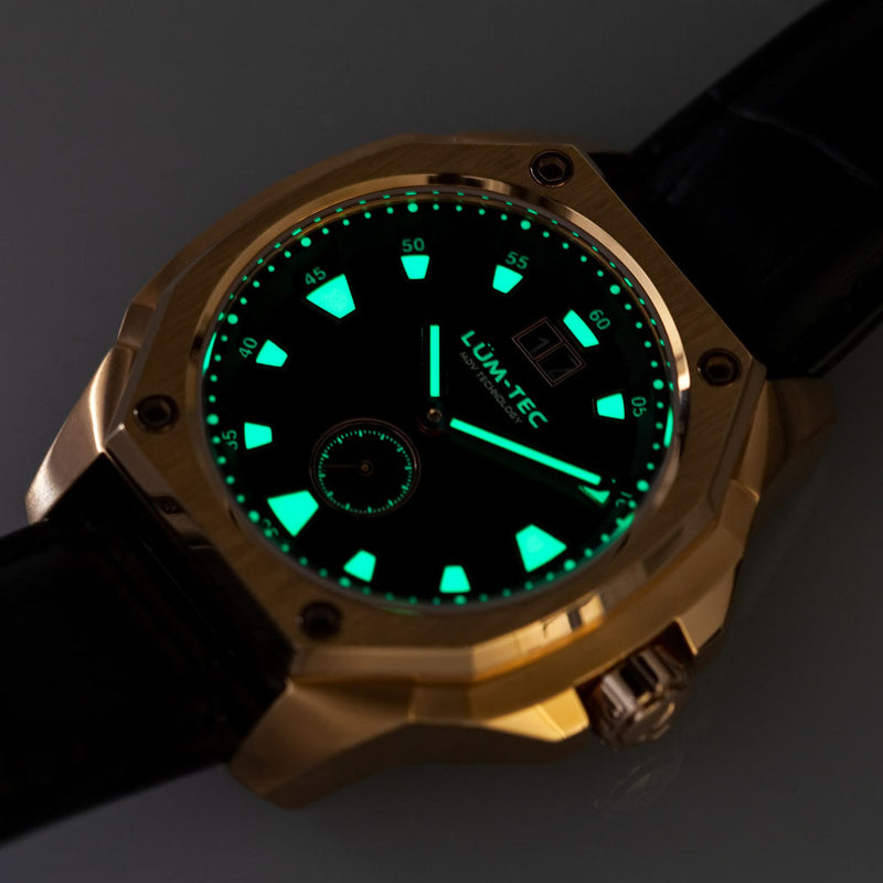 Lum-Tec 44mm Goldtone Watch with Black Dial, Big-Date, and Anti-Reflective Sapphire Crystal #V-14