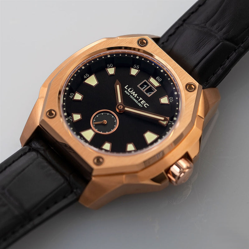Lum-Tec 44mm Goldtone Watch with Black Dial, Big-Date, and Anti-Reflective Sapphire Crystal #V-14
