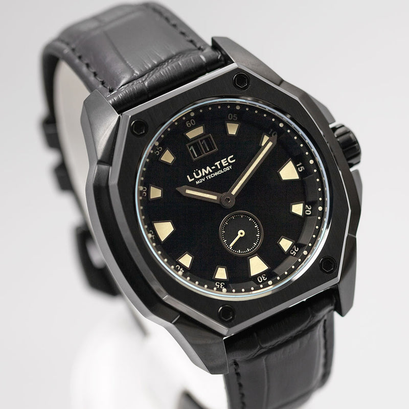 Lum-Tec 44mm Phantom Watch with Black Dial, Big-Date, and Anti-Reflective Sapphire Crystal #V-11