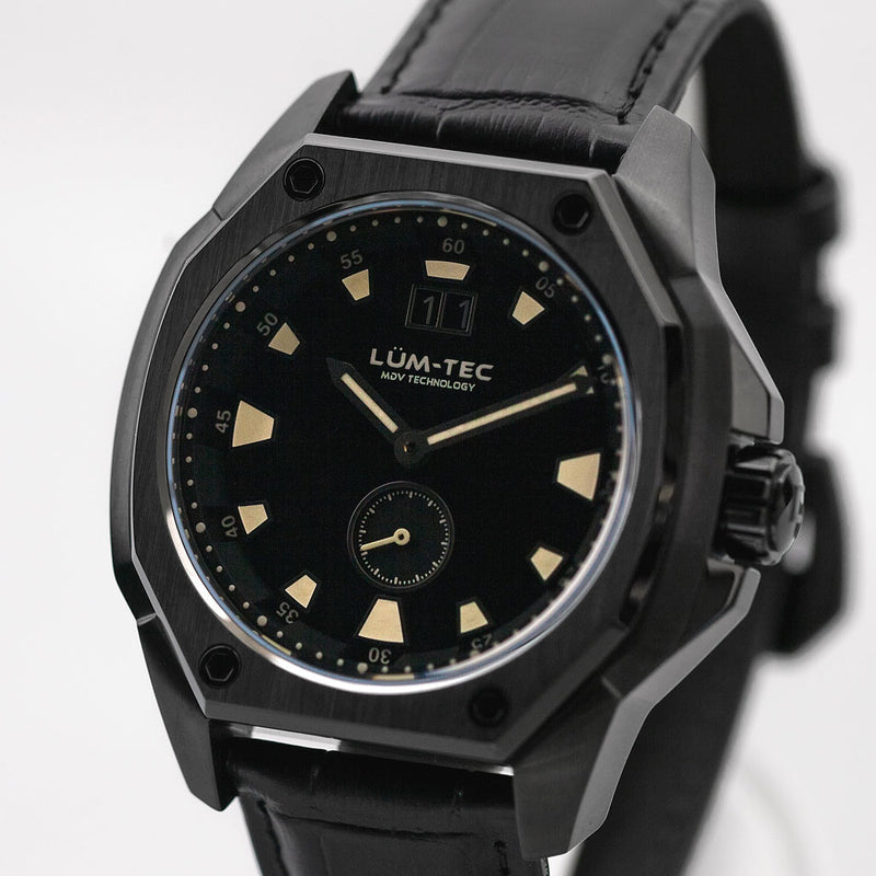 Lum-Tec 44mm Phantom Watch with Black Dial, Big-Date, and Anti-Reflective Sapphire Crystal #V-11