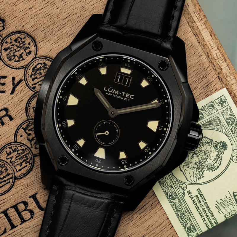 Lum-Tec 44mm Phantom Watch with Black Dial, Big-Date, and Anti-Reflective Sapphire Crystal #V-11