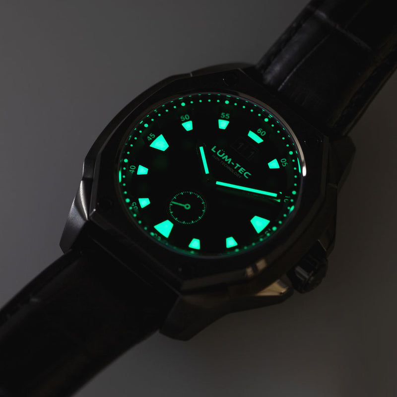 Lum-Tec 44mm Phantom Watch with Black Dial, Big-Date, and Anti-Reflective Sapphire Crystal #V-11