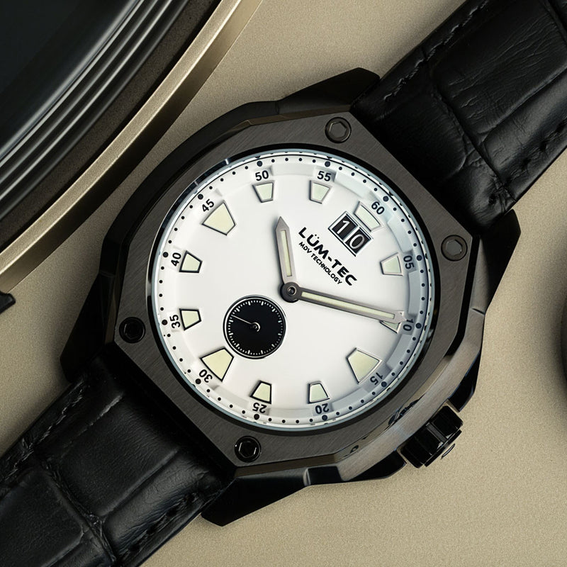 Lum-Tec 44mm Watch with White Dial, Big-Date, and Anti-Reflective Sapphire Crystal #V-10