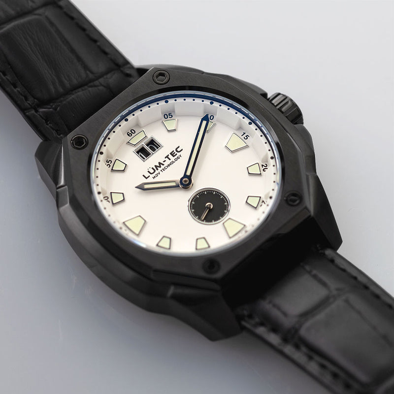 Lum-Tec 44mm Watch with White Dial, Big-Date, and Anti-Reflective Sapphire Crystal #V-10
