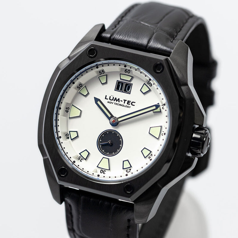 Lum-Tec 44mm Watch with White Dial, Big-Date, and Anti-Reflective Sapphire Crystal #V-10