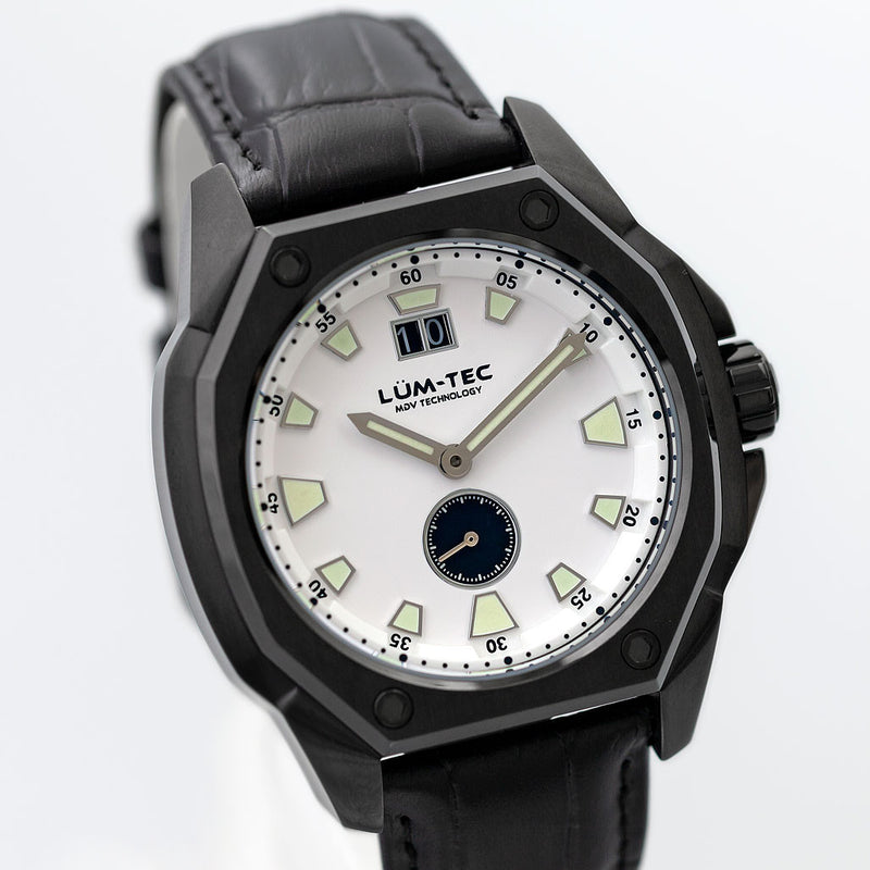 Lum-Tec 44mm Watch with White Dial, Big-Date, and Anti-Reflective Sapphire Crystal #V-10