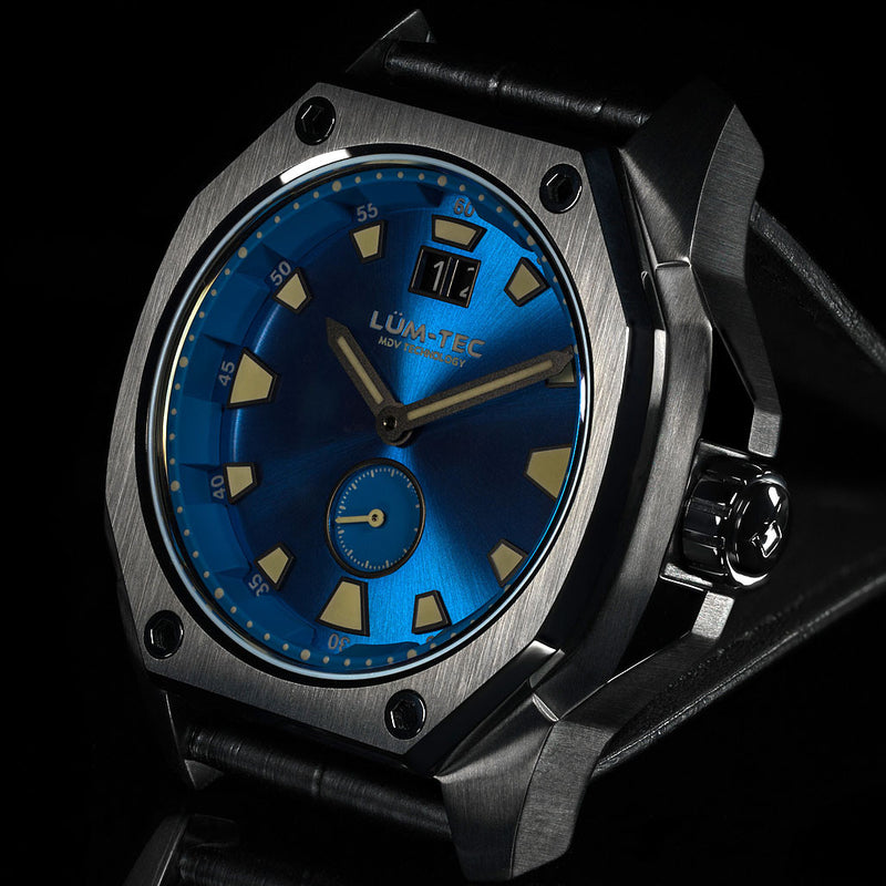 Lum-Tec 44mm Phantom Watch with Blue Dial, Big-Date, and Anti-Reflective Sapphire Crystal #V-12