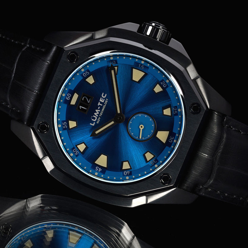Lum-Tec 44mm Phantom Watch with Blue Dial, Big-Date, and Anti-Reflective Sapphire Crystal #V-12