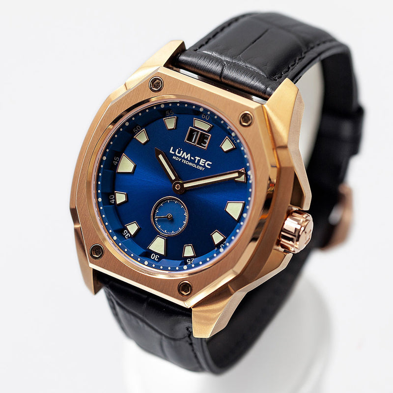 Lum-Tec 44mm Goldtone Watch with Blue Dial, Big-Date, and Anti-Reflective Sapphire Crystal #V-13