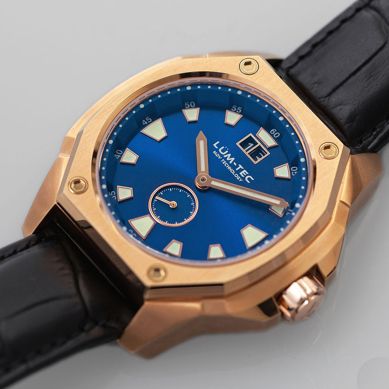 Lum-Tec 44mm Goldtone Watch with Blue Dial, Big-Date, and Anti-Reflective Sapphire Crystal #V-13