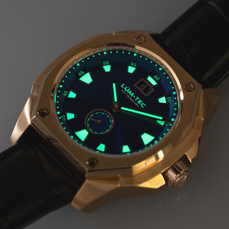 Lum-Tec 44mm Goldtone Watch with Blue Dial, Big-Date, and Anti-Reflective Sapphire Crystal #V-13