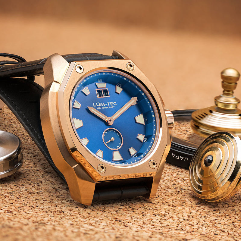 Lum-Tec 44mm Goldtone Watch with Blue Dial, Big-Date, and Anti-Reflective Sapphire Crystal #V-13