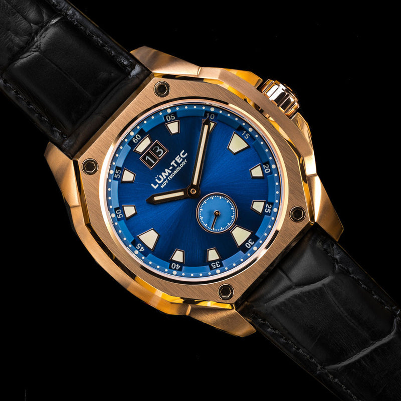 Lum-Tec 44mm Goldtone Watch with Blue Dial, Big-Date, and Anti-Reflective Sapphire Crystal #V-13