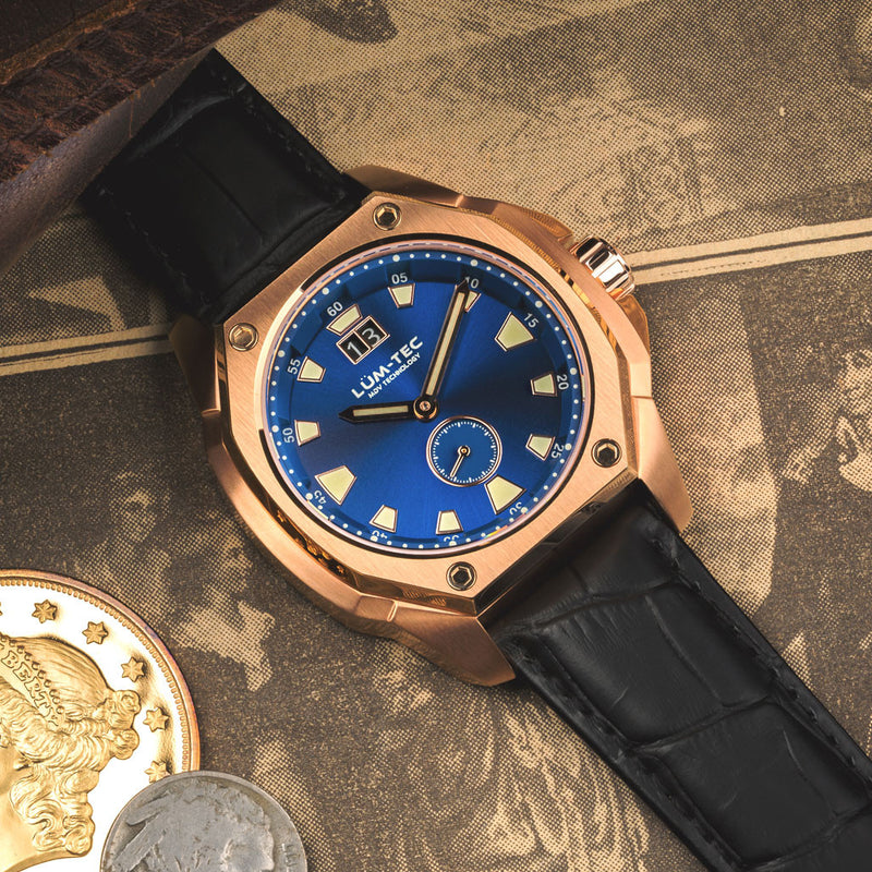 Lum-Tec 44mm Goldtone Watch with Blue Dial, Big-Date, and Anti-Reflective Sapphire Crystal #V-13