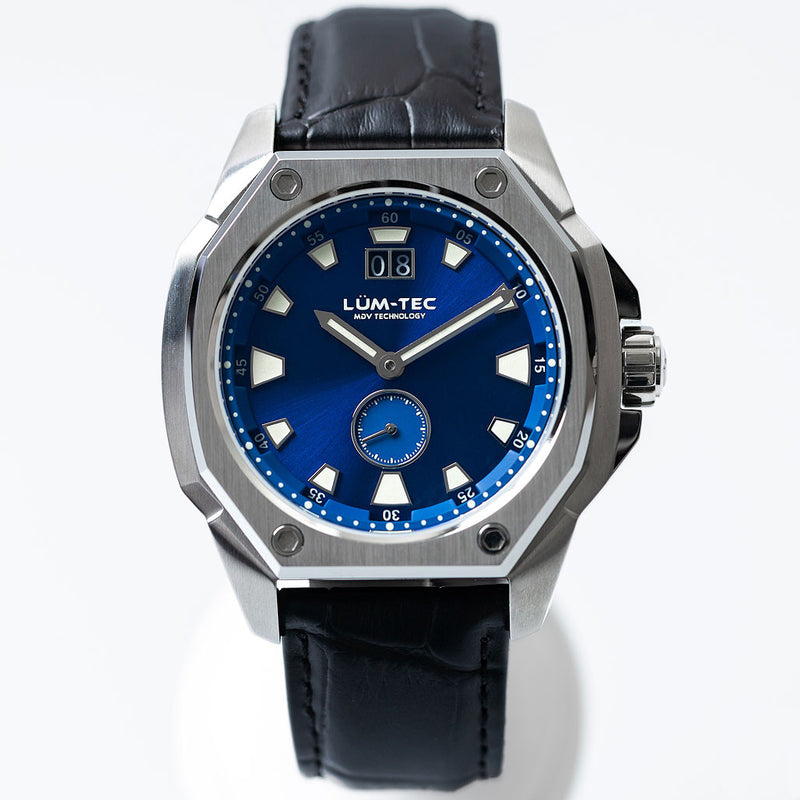 Lum-Tec 44mm Watch with Blue Sunburst Dial, Big-Date, and Anti-Reflective Sapphire Crystal #V-8