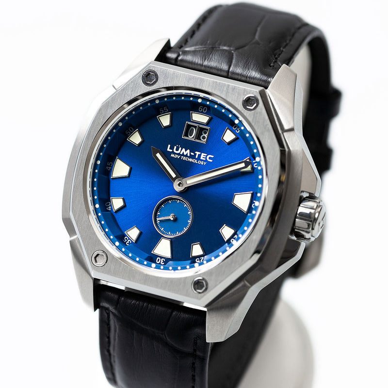 Lum-Tec 44mm Watch with Blue Sunburst Dial, Big-Date, and Anti-Reflective Sapphire Crystal #V-8
